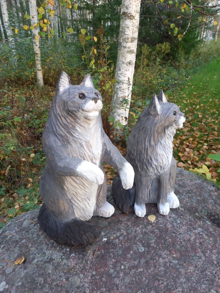 Kaksi harmaanvalkeaa tuuheahäntäistä kissaa istuu kivellä.